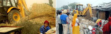 (Left) A child cries as illegal hutments are being demolished with help of a bulldozer in Faridkot on Tuesday; (Right) Encroachments being removed on the Goniana road in Bathinda on Tuesday.