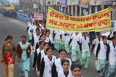 Students of various schools and colleges carrying out an AIDS awareness rally on the occasion of the World AIDS Day in Bathinda on Tuesday.