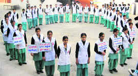 Nursing students at a rally against HIV/AIDS at the General Hospital, Sirsa.