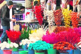 A girl selects artificial flowers on the inaugural day of the trade fair in Jammu