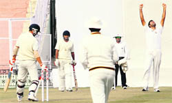 Punjabs Manpreet Gony celebrates a wicket in Mohali on Tuesday.
