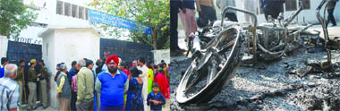 (Left) Parents and police outside the school at Nehru Vihar in New Delhi where students clashed on Wednesday; (Right) A motor cycle that was burnt during the clash.