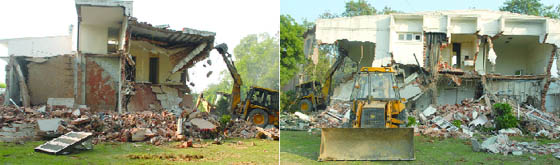 The Delhi Development Authority (DDA) on Wednesday carried out demolition in the posh Shanti Sports Complex in Vasant Kunj where huge bungalows, state-of-the-art sports facilities, including a tennis stadium, had been constructed on illegally occupied DDA land. The razing was undertaken after a court favoured DDA in the 20-year-old case.