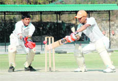 Ranveer Kumar, who scored a century in the U-19 Inter-District Championship, in action at the Abhimanyu Cricket Grounds in Dehradun on Wednesday.