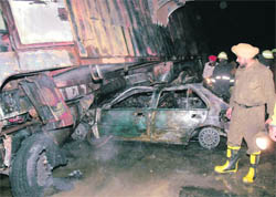 The car that met with an accident on the Zirakpur-Chandigarh road on Wednesday night.