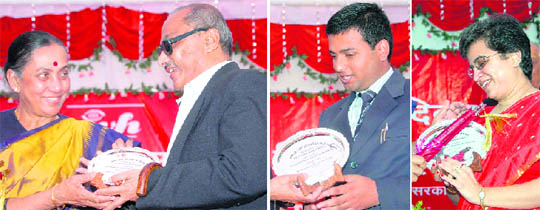 Captain JK Sengupta, Krishan Gopal Tiwari, Zainab Chinekamwala,receive the Excellence Award from Uttarakhand Governor Margaret Alva in Dehradun on World Disability Day on Thursday.