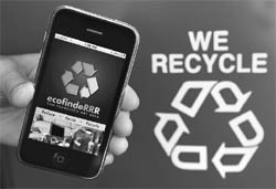 An iPhone displays the EcoFinder application, developed by Alan Wells and Porter Felton of new media studio Haku Wale that provides users with information on the nearest recycling or trash disposal facilities, in San Francisco, California, USA.