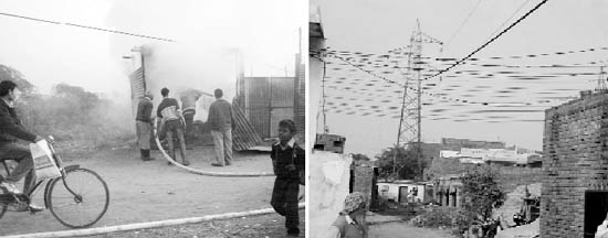 Firemen douse flames at the scrap dealers godown; and (right) a view of high-tension wires at Azad Colony in Balongi.