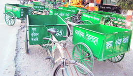 Rehris purchased by the Dehradun Municipal Corporation lie idle at the MC office.