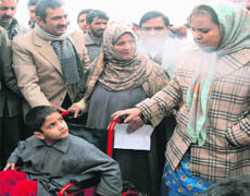 J&K Social Welfare Minister Sakina Itoo at a rehabilitation camp in Srinagar.