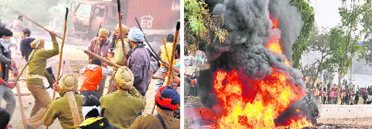police lathicharge on agitators; and a truck set afire by a mob in Ludhiana on Friday.
