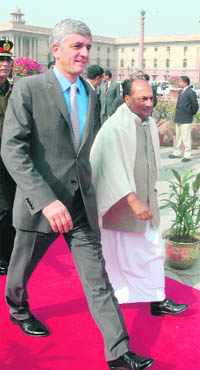 French defence minister Herve Morin being welcomed by his Indian counterpart A.K. Antony in New Delhi on Friday.