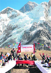 Nepal ministers during a cabinet meeting at Kalapatthar on Friday.