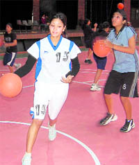 Girls participate in basketball trials being held in Dehradun on Saturday