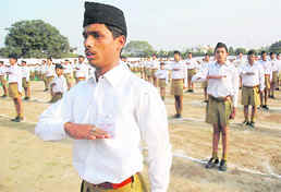 RSS workers during a programme of the organisation at the Sector 34 ground in Chandigarh on Sunday.
