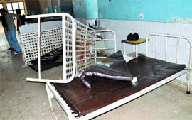 Beds lie overturned after a scuffle in the surgical ward at Civil Hospital in Jalandhar on Sunday