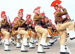 BSF personnel at their passing out parade in Srinagar on Sunday. Tribune photo: Amin War