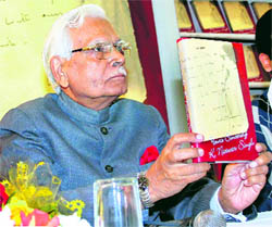 Former Union Minister Natwar Singh with his book Yours Sincerely at its release in Jaipur on Sunday.