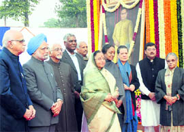 Leader of Opposition LK Advani (left), Prime Minister Manmohan Singh, Vice-President Hamid Ansari, President Pratibha Patil, Lok Sabha Speaker Meira Kumar, UPA chairperson Sonia Gandhi, Delhi Chief Minister Shiela Dikshit and others pay tribute to Dr BR Ambedkar on his 53rd death anniversary at Parliament in New Delhi on Sunday.