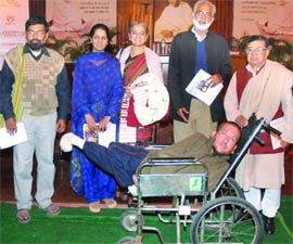(Left to right) Narayan Choudhary, Afsana Rashid, Mirai Chatterjee, Binoy Acharya, founder director of Unnati Foundation, Shankar Ghose, president of Charkha and Md Iqbal in New Delhi on Monday.
