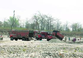 A file photo of sand and gravel being lifted in trucks from the Song riverbed near Dehradun