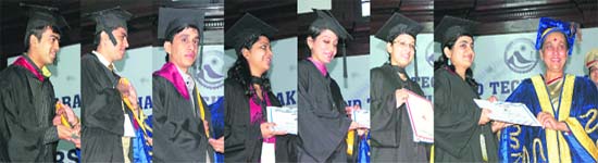 From left: Shelly Kalra, Radhika Prabhakar, Natasha Kalra, Isha Goyal, Amit Chauhan, Gavrav Tuteja and Chintan Vadgama receive degrees from Chancellor and Governor Margaret Alva at the first convocation of Uttarakhand Technical University in Dehradun