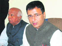 Minister for PWD and Public Health Randeep Singh Surjewala addresses a press conference in Kaithal on Monday.