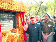 Chief Minister PK Dhumal laying foundation stone of the fourth IRB Battalion at Jangal Beri in Hamirpur on Monday
