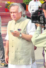 Environment Minister Jairam Ramesh at the Parliament house in New Delhi on Monday.
