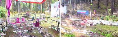 Litter and burnt grass after a marriage function at Bal Vatika in Hamirpur; and (right) the poor condition of the sacred Navgrah Vatika in the premises of the park