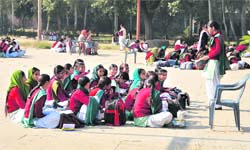 Students attend classes in the open at Shaheed Sukhdev Memorial School in Ludhiana on Tuesday. 
