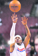 Philadelphia 76ers Allen Iverson warms up before playing against the Denver Nuggets in their game in Philadelphia