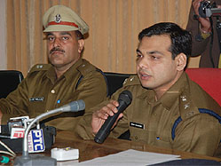 SSP Ashish Chaudhary addressing a press conference in Bathinda on Tuesday. Also seen in the picture is SP(D) Ajay Maluja.