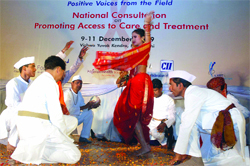 People with HIV/ AIDS perform at Vishwa Yuvak Kendra in New Delhi