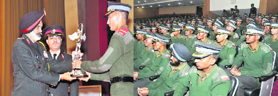 (left) A cadet gets an award; and cadets at the awards ceremony held in Khetarpal Auditorium, IMA, Dehradun, on Wednesday.