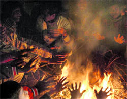Children warm themselves in front of a bonfire in Jammu on Wednesday. Photo: Inderjeet Singh