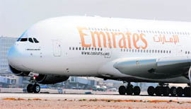 This file picture shows an Emirates Airlines Airbus A380 landing at Los Angeles International Airport. Dubai's national flag carrier, Emirates, said on Thursday it has raised $1.13 billion to finance the purchase of six Airbus A380 superjumbos, stressing it has no difficulty obtaining finance.