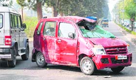 This accidental car remained unmoved at the main BHEL road for hours together on Thursday. A nearby tea vendor noticed the accidental car (UK 09P 7420) at 7.30 am. It was towed away only after The Tribune informed the police station about inconvenience caused to commuters.