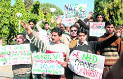 Activists of the National Secular Forum protest at Jammu University on Thursday
