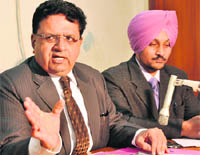 LIT chairman Ashok Juneja addresses mediapersons in Ludhiana on Thursday.