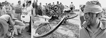 From left: Passersby help one of the victims; the damaged cycle; and the injured motorcyclist.