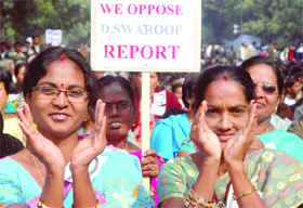 LIC women agents demand recognition of insurance as a national profession during a rally at Parliament Street in New Delhi on Friday.