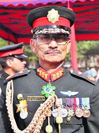 Nepal army chief Gen Chhatra Man Singh Gurung, who was the reviewing officer of the passing-out parade, at the IMA in Dehradun on Saturday