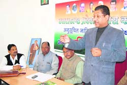 Congress leader Suryakant Dhasmana addresses a meeting of the SC/ST cell of the Uttarakhand Pradesh Congress in Dehradun on Saturday.
