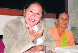 Sarita Negi, president of Beejaal, an organisation working against animal sacrifices, addresses mediapersons in Dehradun. 