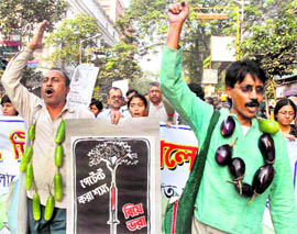Members of Forum Against Monopolistic Agression shout slogans at a protest rally against BT fertilisation in Kolkata on Saturday.