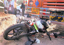 The crushed motorcycle near Mansa Devi Singh Dwar in Panchkula on Sunday.