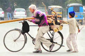 A boy follows the footsteps of his grandfather as they carry firewood to their home in Chandigarh. 