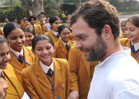 Congress general secretary and Amethi MP Rahul Gandhi meets students of Heritage School from Sangrur (Punjab), who had come to visit Parliament in New Delhi