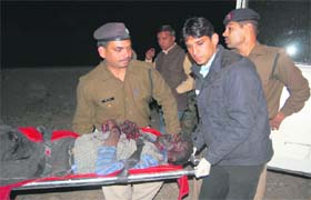 Injured of the shell explosion being taken to a hospital from the Army firing range in Raipur, near Dehradun